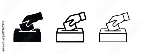 Voting and Election Ballot Box Icon Set - Hand Putting Paper in Slot Silhouette and Outline