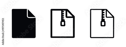 Zip File Format Icon Set - Compressed Document with Zipper Silhouette and Outline