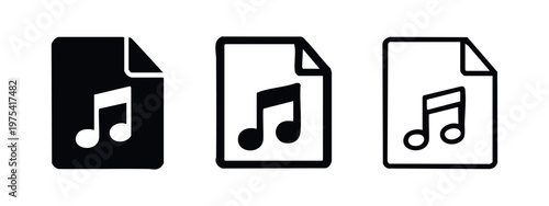 Music Audio File Icon Set - Document with Musical Note Symbol Outline and Silhouette
