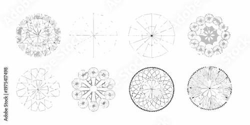 Architectural tree canopy diagrams in grayscale showing varying foliage density