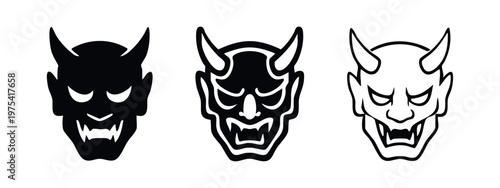 Japanese Demon Hannya Mask Icon Set - Traditional Folklore