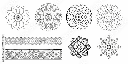 Collection of hand drawn floral and geometric designs in black and white