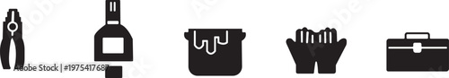 Black silhouette icons representing various objects pliers bottle mug gloves and a briefcase