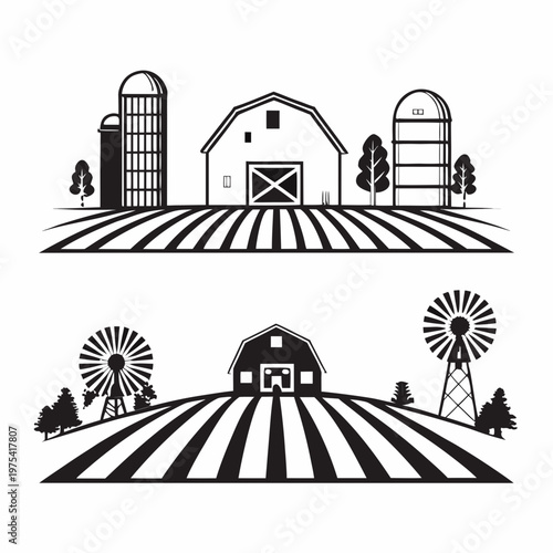 Black and white illustration depicting a rural farm landscape with buildings