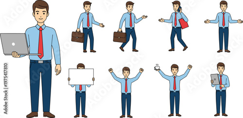 Flat vector illustration of a professional businessman character set in various poses including holding a laptop, walking with briefcase, talking on phone, and celebrating success.