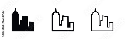 Cityscape icons set. Modern urban skyline symbol. Outline and filled buildings. Vector illustration.