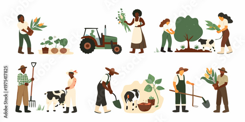Diverse farmers tending land livestock and crops in a rural setting