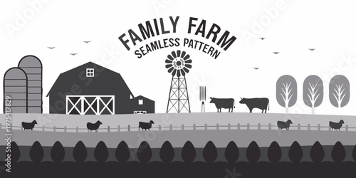 Black and white farm scene with barn animals and seamless pattern