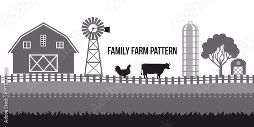 A grayscale illustration depicts a simple family farm scene with animals