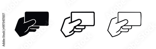 Hand holding card icons set. Payment or identification symbol. User interaction. Vector illustration.
