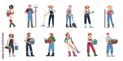 Diverse group of farmers and gardeners working with various tools and produce