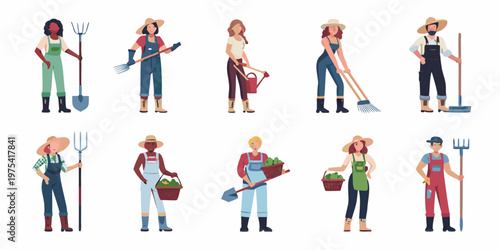 Diverse group of farmers with tools in a colorful vector illustration