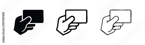 Hand holding card icons set. Payment or identification symbol. User interaction. Vector illustration.