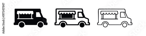 Food truck icons set. Street food and mobile catering symbol. Delivery vehicle. Vector illustration.