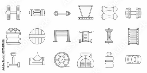 Collection of various mechanical parts and components in line art style