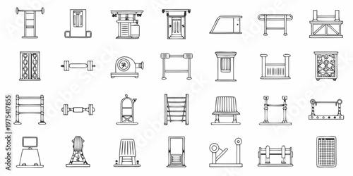 Collection of various black and white sketched urban furniture elements