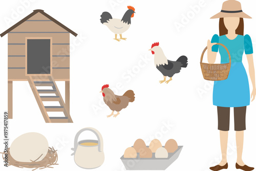 Farm scene depicting a woman chickens and coop with eggs