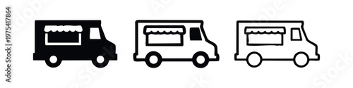 Food truck icons set. Street food and mobile catering symbol. Delivery vehicle. Vector illustration.