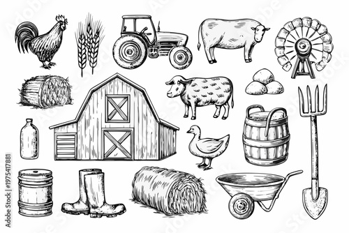 Vintage farm illustration featuring animals tools and building sketches