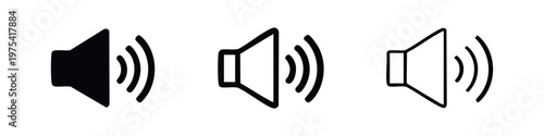 Volume Speaker Icon Set. Audio Sound Symbol with Waves in Solid and Outline Styles.