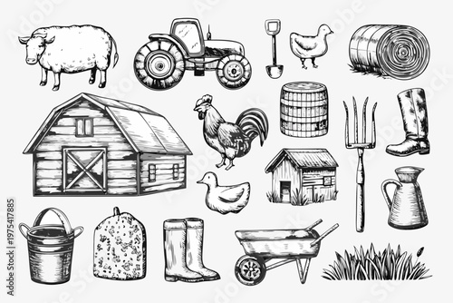 Vintage farm illustration depicting animals tools and buildings