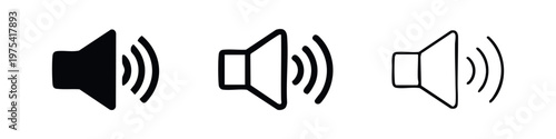 Volume Speaker Icon Set. Audio Sound Symbol with Waves in Solid and Outline Styles.
