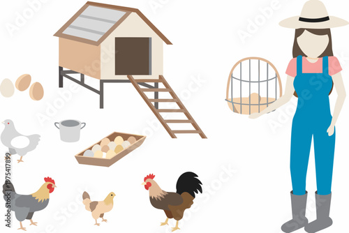 A farmer stands near a chicken coop with eggs and poultry