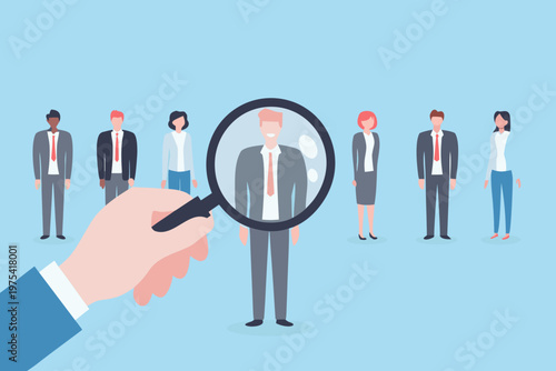 A hand uses a magnifying glass to focus on a person within a group