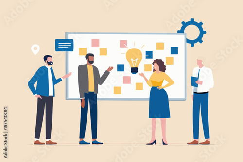 Team collaboration brainstorming session with a lightbulb and sticky notes