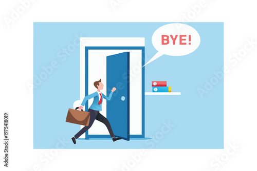 Businessman exiting through a door waving goodbye with a speech bubble