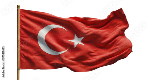 Foto Waving national flag of Turkey on wooden flagpole
