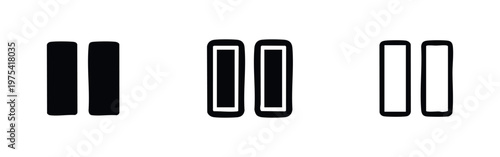 Pause Icon Set - Media Player Control Buttons with Square Corners in Solid and Outline Styles