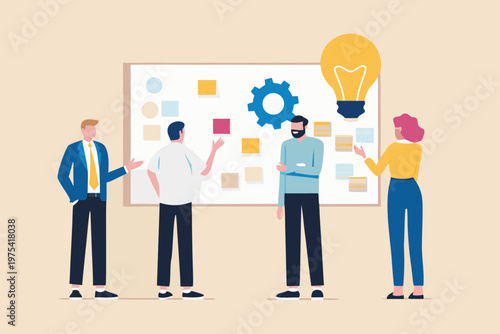 Team brainstorming ideas with sticky notes on a whiteboard