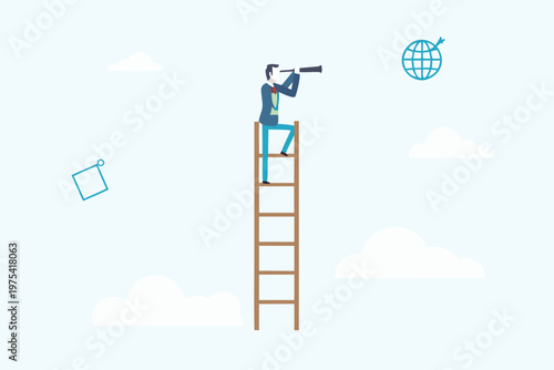 Man on ladder looking through telescope at a globe and clouds