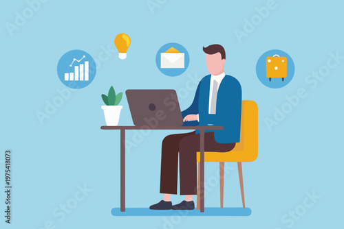 Man working remotely with laptop ideas and business concepts nearby