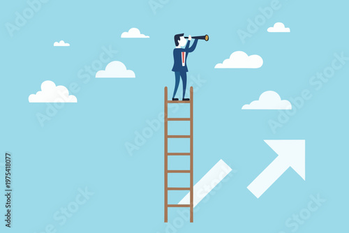 Business professional uses a telescope while standing on a ladder
