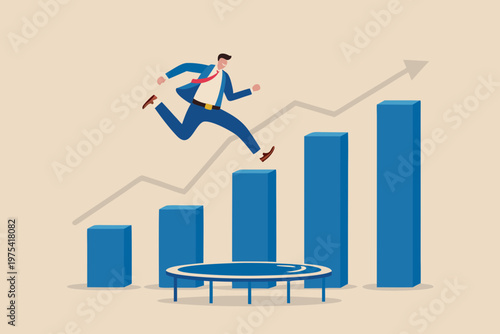 Businessman jumping on a trampoline towards a rising graph
