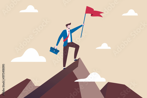 A businessman triumphantly stands atop a mountain waving a red flag