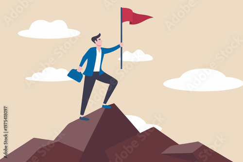 Business professional stands triumphantly atop a mountain with a red flag