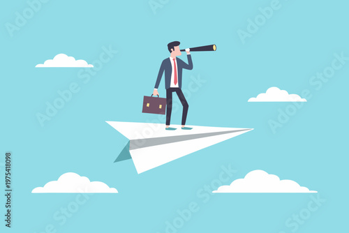 Businessman flies on a paper airplane looking through a telescope