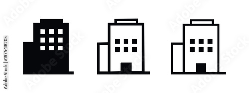 Office Building Icon Set. Business Company, Corporate Headquarters, and Workplace Symbol Vector Illustration.