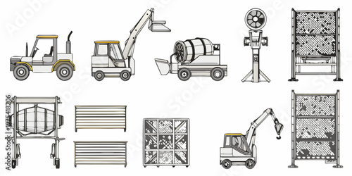 Construction equipment and barriers a technical illustration set