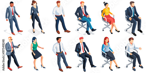 Isometric illustration of diverse business people in various poses and settings