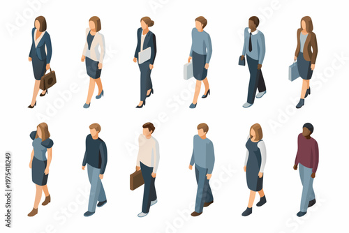 Isometric illustration depicting a diverse group of walking business professionals