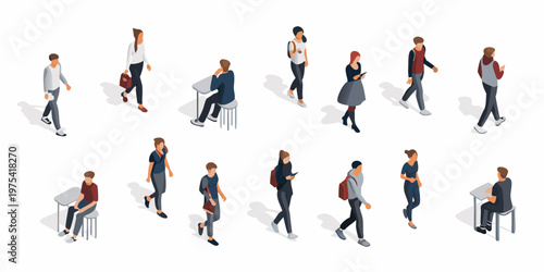 Isometric illustration of diverse people walking and interacting in a public space