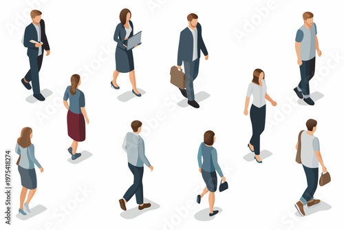 Isometric illustration depicting a diverse group of people walking and commuting