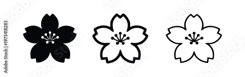 Minimalist Cherry Blossom Flower Icon Set - Vector Sakura Japan Symbols for Decorative Floral Design