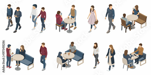 Isometric illustration of people socializing at outdoor cafe tables