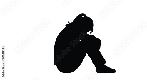 Black silhouette vector illustration of a young girl sitting alone in a sad position while hugging her knees to represent depression and emotional stress feelings