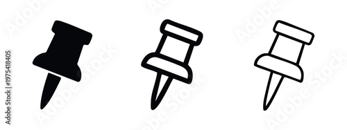 Push pin icon set. Thumbtack and notice board symbol for office and planning vector illustration.